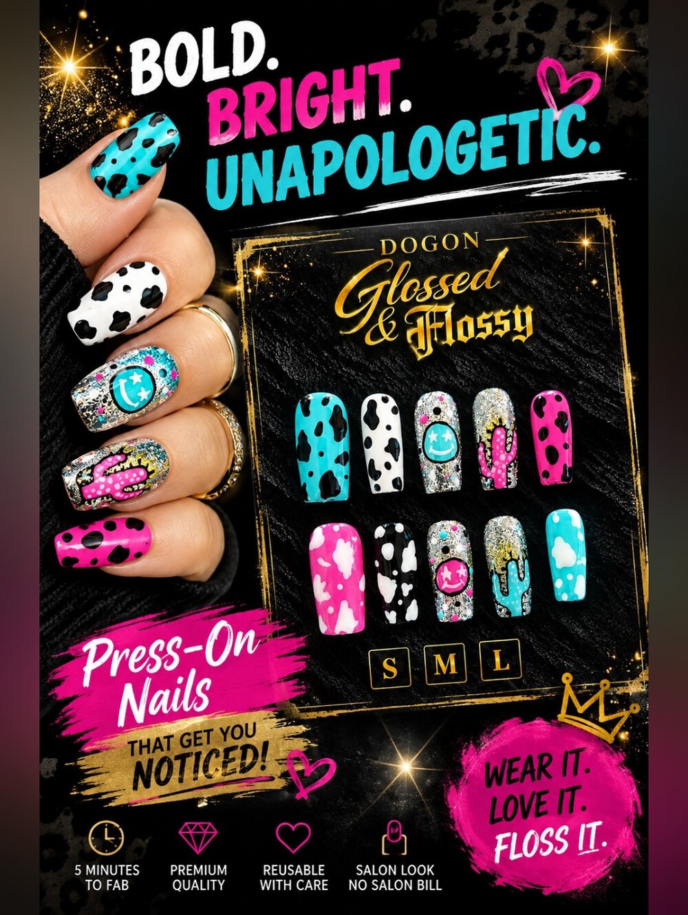 Cowgirl Pop Press On Nails | Turquoise & Hot Pink Cow Print-Square 2.5 mm Length